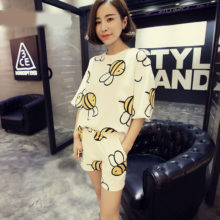 Bee Print Cute Ladies Summer Short Sleeve Pajamas Set with Shorts for Women Female Sleepwear Set Home Clothing Plus Size #45 Bee Print Cute Ladies Summer Short Sleeve Pajamas Set with Shorts for Women Female Sleepwear Set Home Clothing Plus Size #45