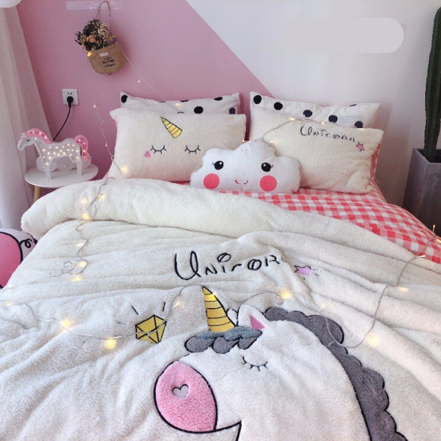 Cartoon Unicorn Embroidery Duvet Cover Bedding Set