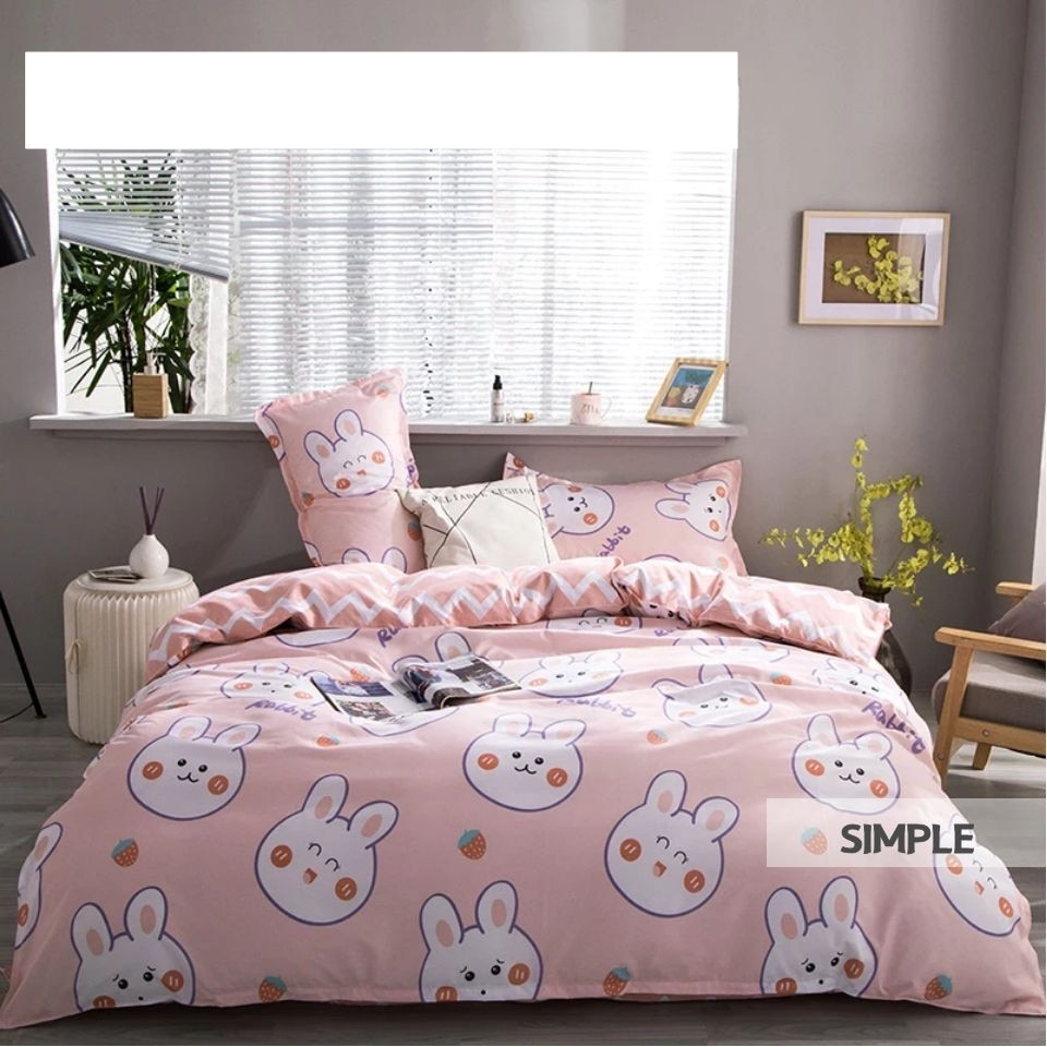 Cartoon Pink Rabbit Linen Duvet Cover Kawaii Bed Set - KawaiiMerch.com