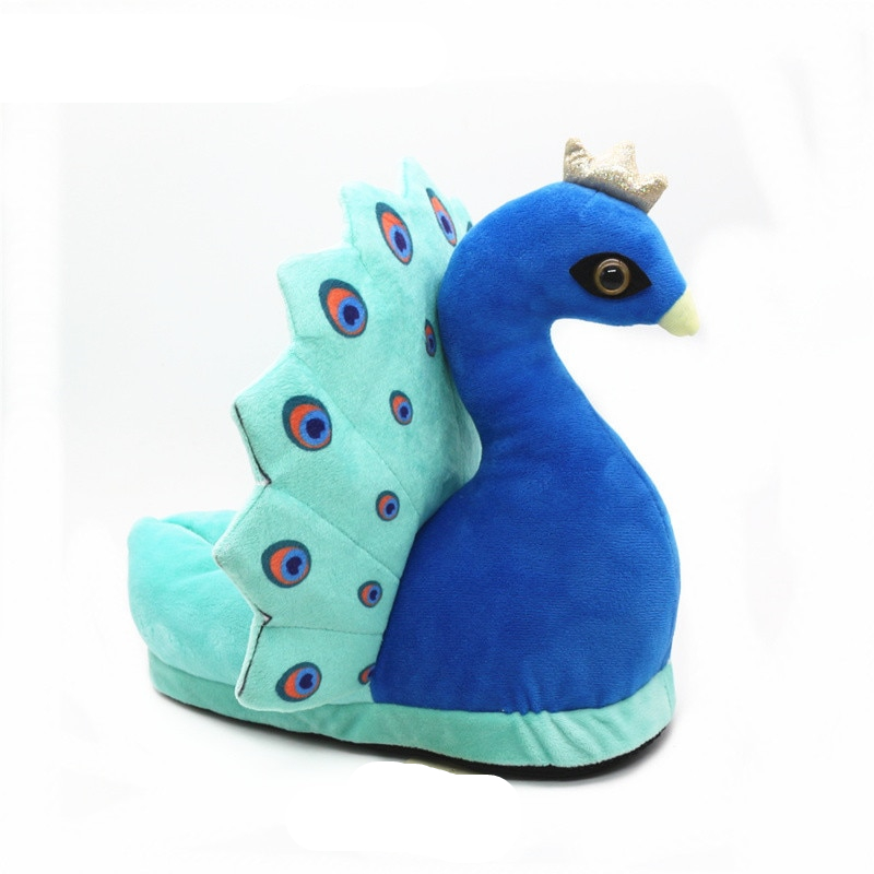3D Animal Peacock Warm Short Plush Indoor Floor Slippers