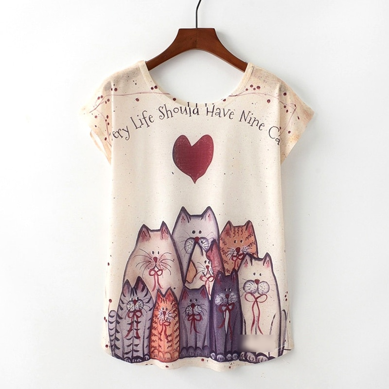 Harajuku Style Cat Cartoon Print Short Sleeve Casual T-Shirt