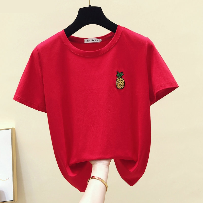 Pineapple Fruit Embroidery Design Short Sleeve Casual T-Shirt