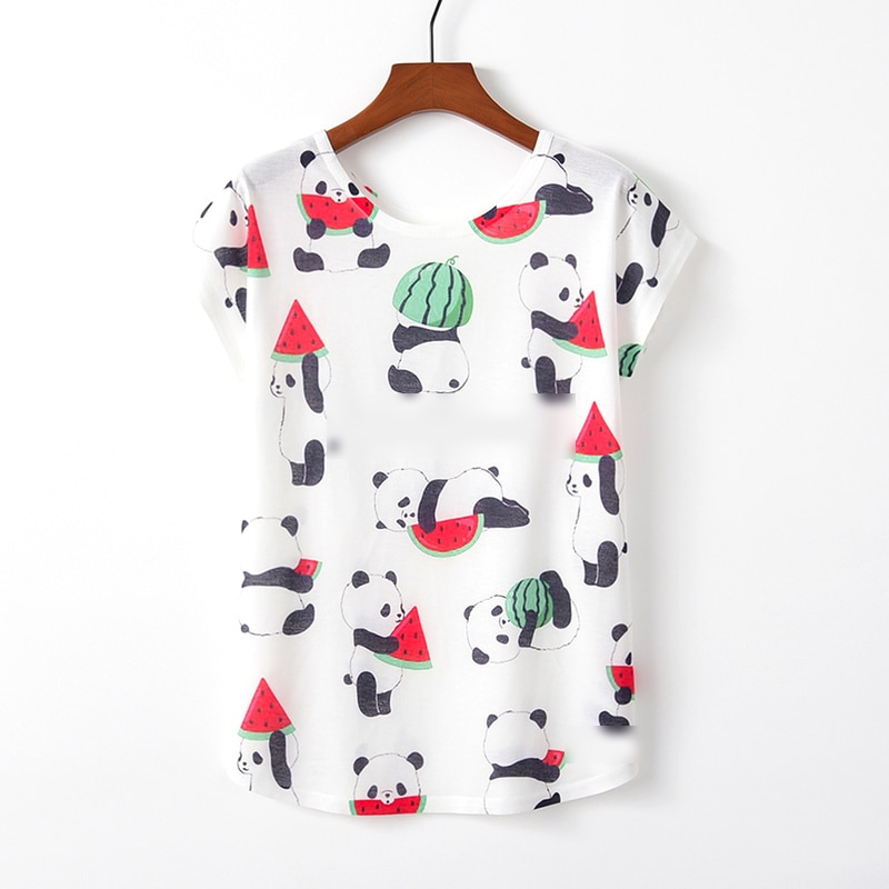 Panda With Watermelon Print Short Sleeve T-Shirt
