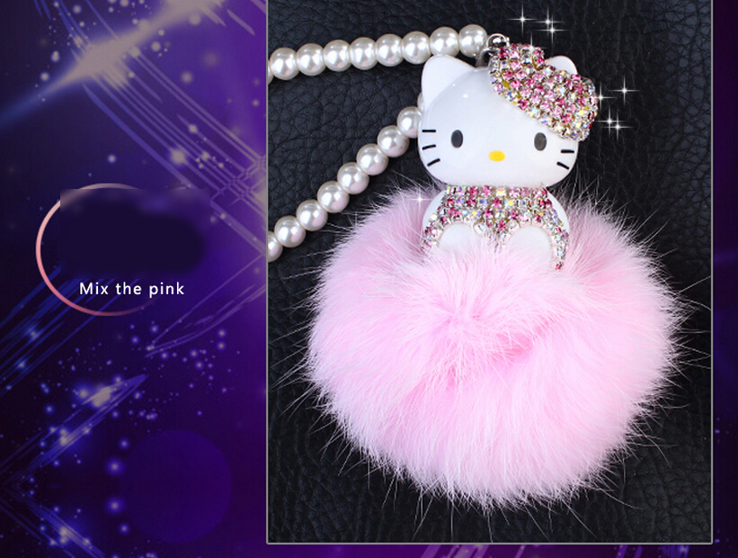 Hello Kitty Colorful Bells Crystal Pompom Leather Metal Pendant