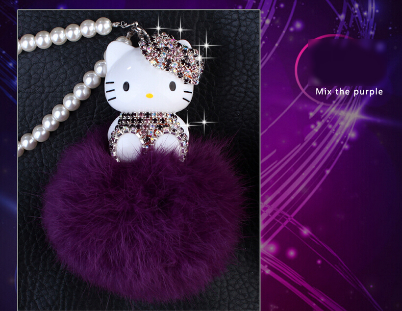 Hello Kitty Colorful Bells Crystal Pompom Leather Metal Pendant