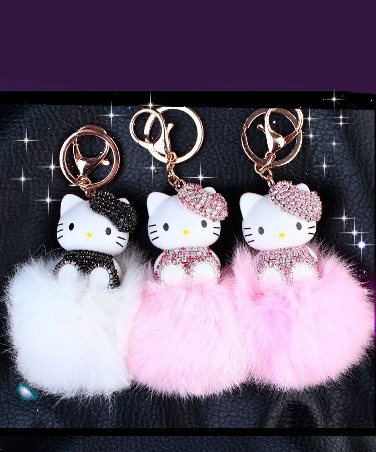 Hello Kitty Colorful Bells Crystal Pompom Leather Metal Pendant