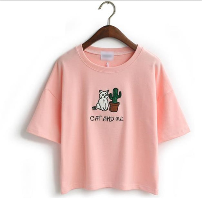 Cat Cartoon Embroidery Design Cotton T-Shirt