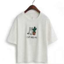 Cat Cartoon Embroidery Design Cotton T-Shirt Cat Cartoon Embroidery Design Cotton T-Shirt