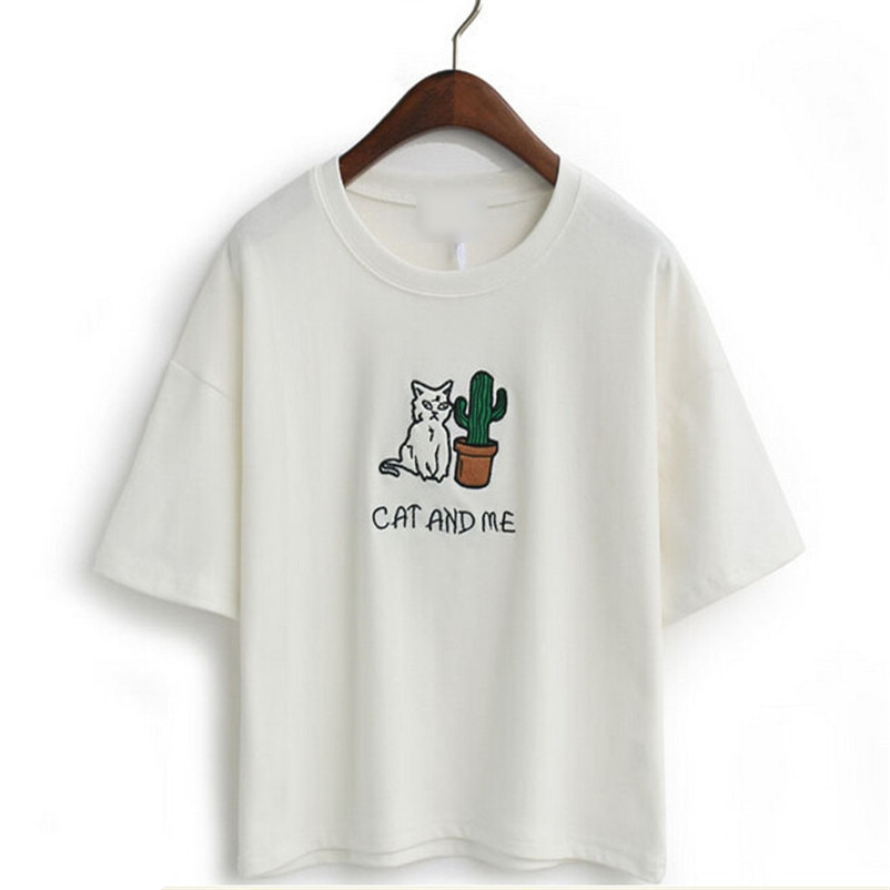 Cat Cartoon Embroidery Design Cotton T-Shirt