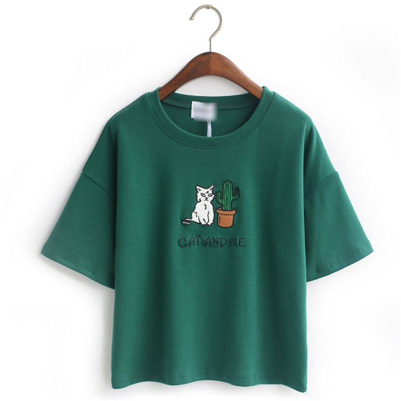 Cat Cartoon Embroidery Design Cotton T-Shirt
