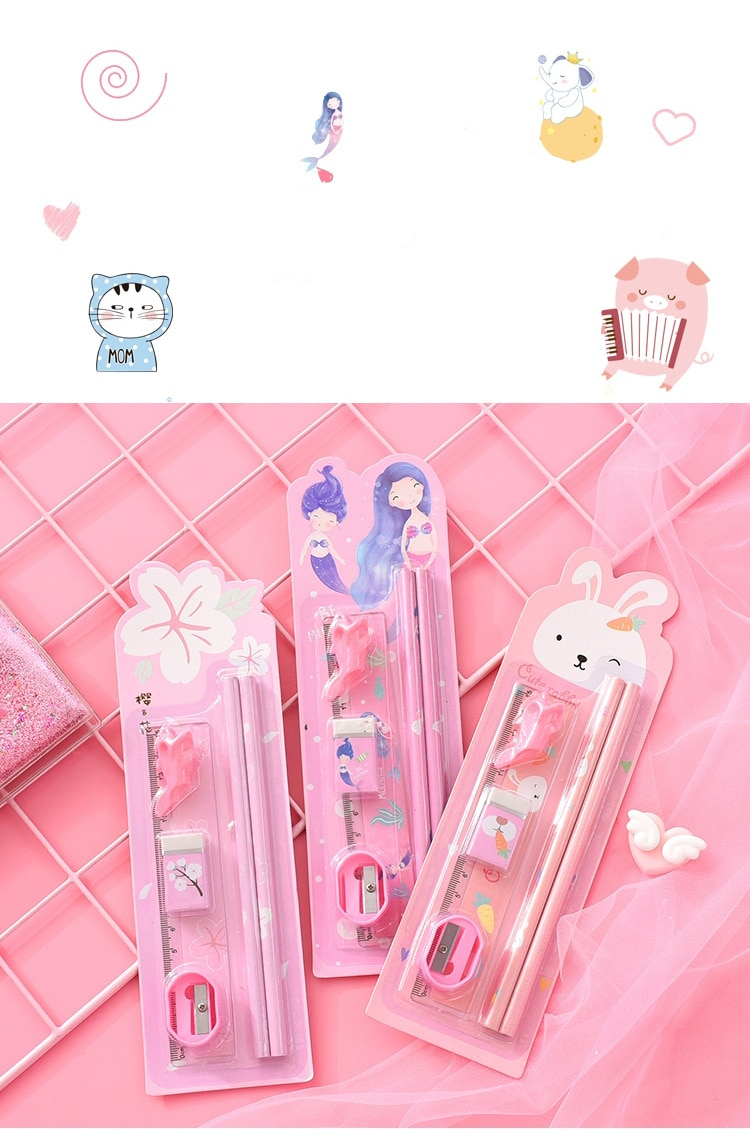 6Pcs/Set Kawaii Stationery Set Pencils With Eraser Ruler Sharpener 6Pcs/Set Kawaii Stationery Set Pencils With Eraser Ruler Sharpener