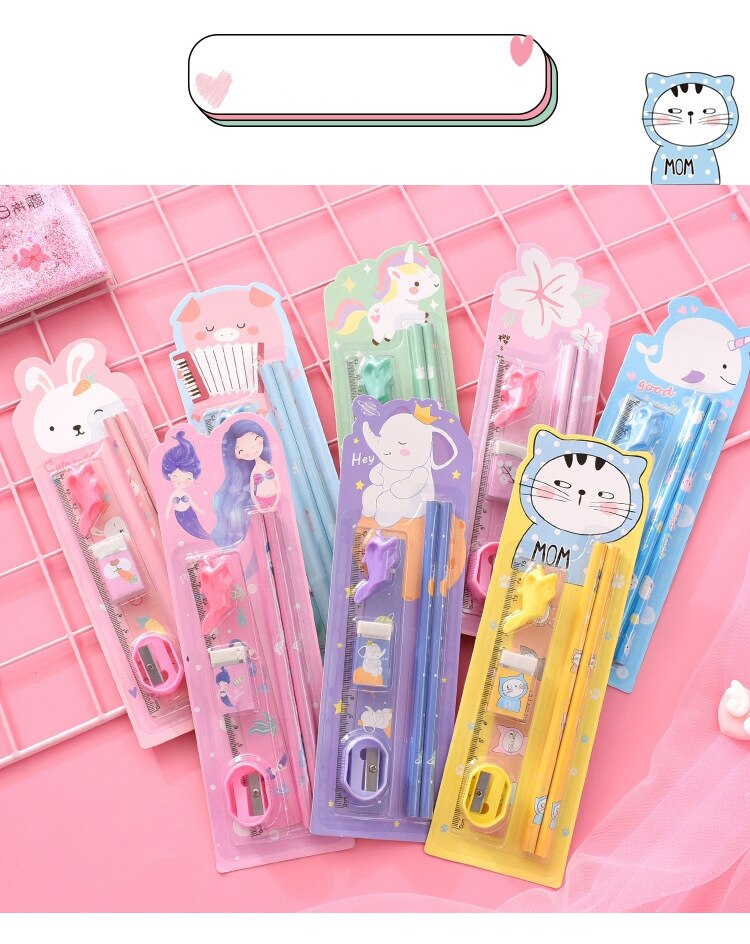 6Pcs/Set Kawaii Stationery Set Pencils With Eraser Ruler Sharpener 6Pcs/Set Kawaii Stationery Set Pencils With Eraser Ruler Sharpener