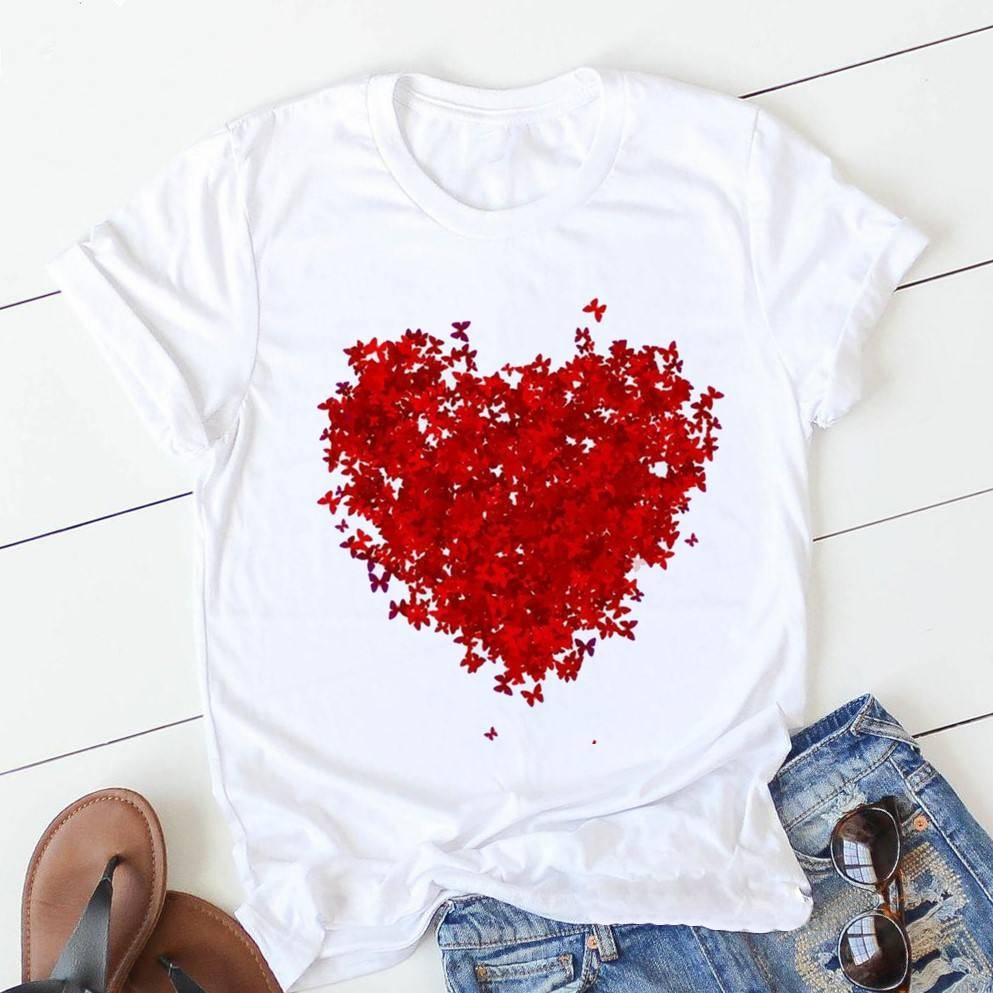 Pink Heart Flower Print Women Cotton Tshirt