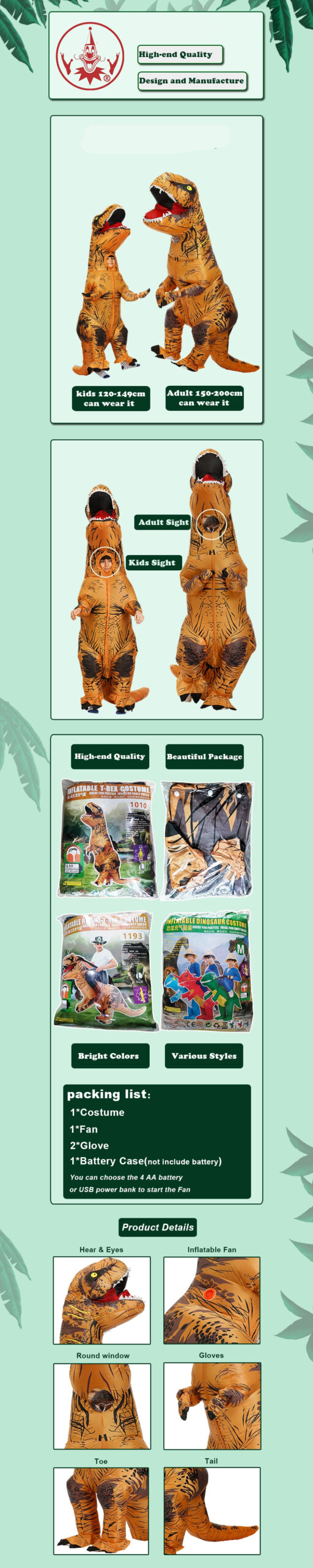 Dinosaur Inflatable Fancy Mascot Anime Costume For Adult Kids