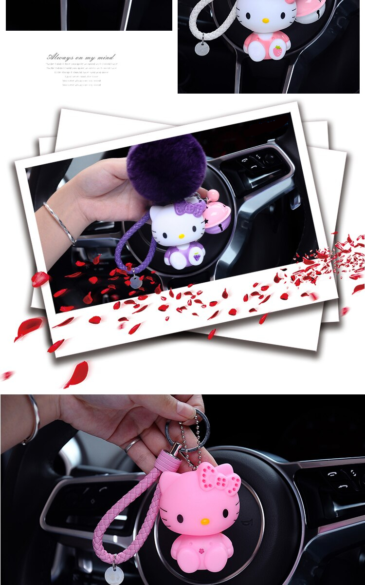 Hello Kitty PomPom Cartoon Ball & Leather Strap Keychain
