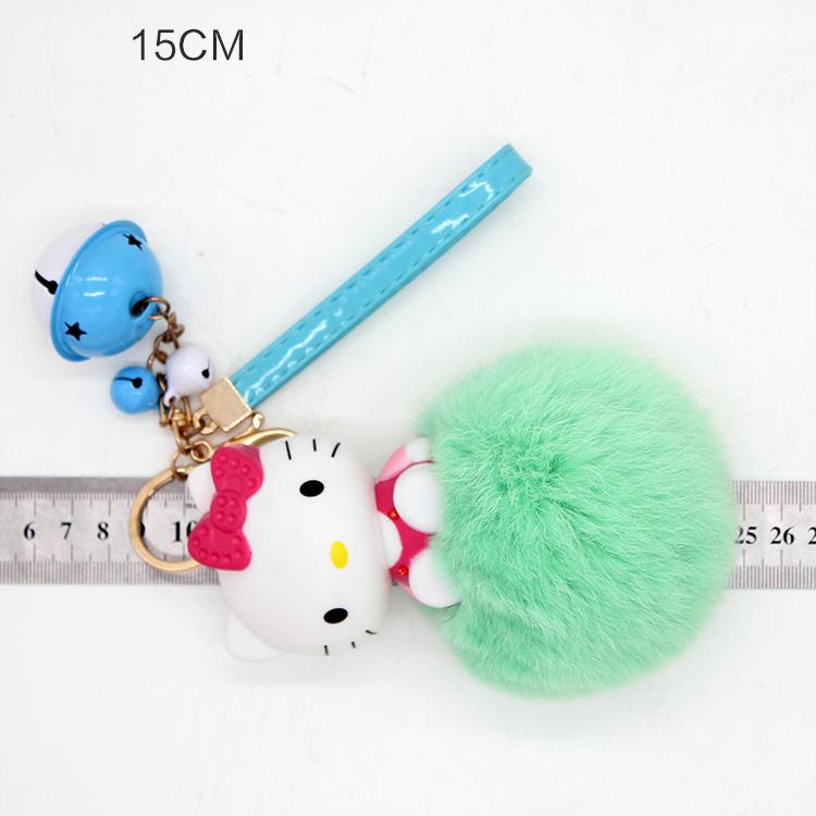 Cartoon Hello Kitty Pink Cat Colorful Bells Bunny Fur Pompom Keychain