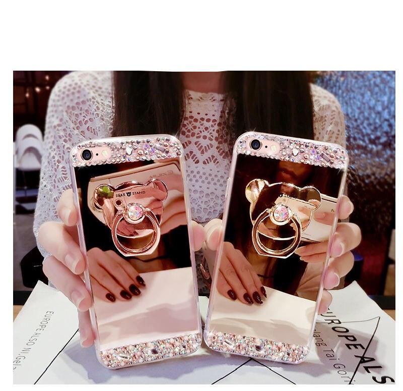 Hello Kitty Luxury Phone Case Cover For for iPhone X XR XA Max Mirror Diamond Case for iPhone 7 8 Plus 6 6S Plus 55S With Ring Stand
