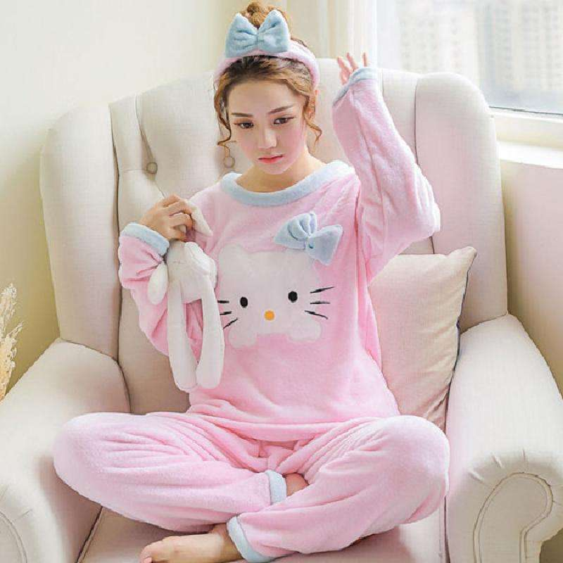 Cartoon Hello Kitty Long Sleeve Flannel Kawaii Pajamas