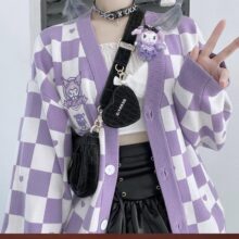 Kawaii JK Uniform Checkerboard Knitted Sweater Cardigan My Melody Cinnamoroll Kuromi Purin Dog Cute Cartoon Girl Sweater Coat Kawaii JK Uniform Checkerboard Knitted Sweater Cardigan My Melody Cinnamoroll Kuromi Purin Dog Cute Cartoon Girl Sweater Coat