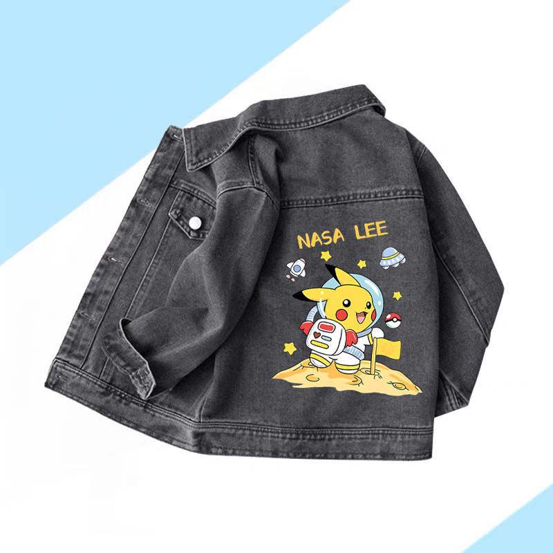 Anime Cartoon Pokemon Pikachu Printed Children's Fashion Denim Jacket Cute Autumn Long Sleeved Coat Top Children's Clothing Gift
