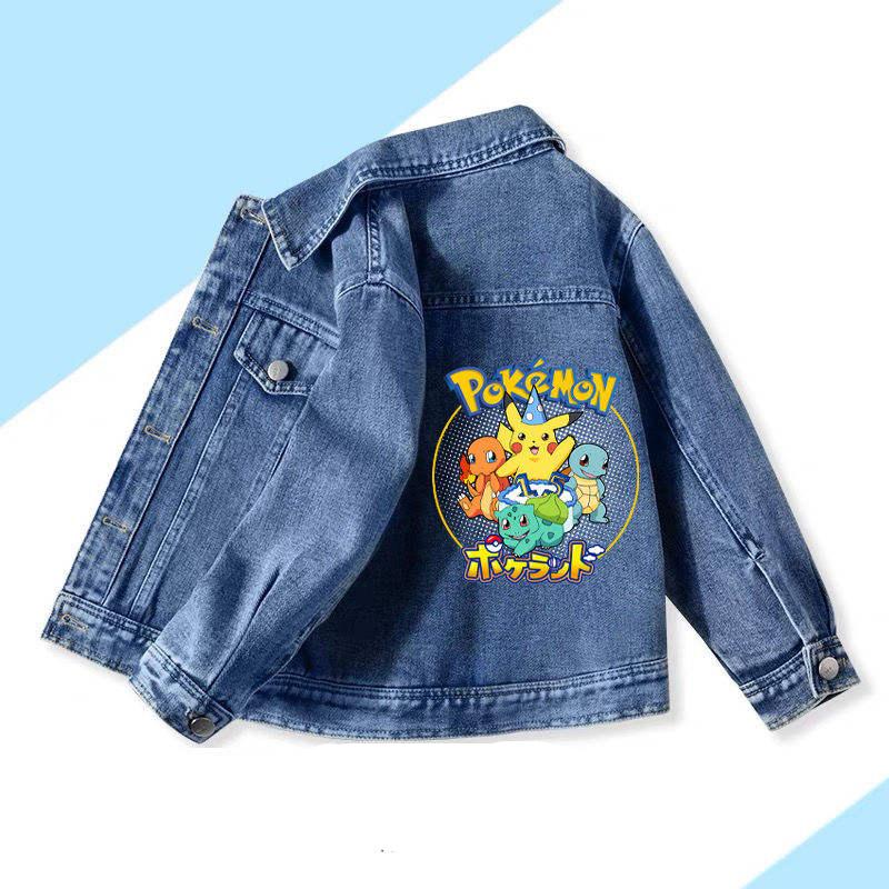 Anime Cartoon Pokemon Pikachu Printed Children's Fashion Denim Jacket Cute Autumn Long Sleeved Coat Top Children's Clothing Gift