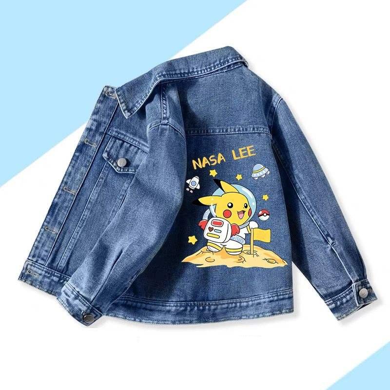 Anime Cartoon Pokemon Pikachu Printed Children's Fashion Denim Jacket Cute Autumn Long Sleeved Coat Top Children's Clothing Gift