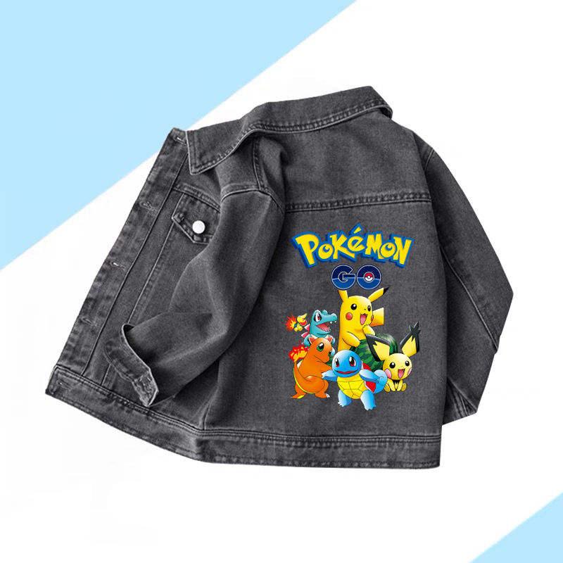 Anime Cartoon Pokemon Pikachu Printed Children's Fashion Denim Jacket Cute Autumn Long Sleeved Coat Top Children's Clothing Gift
