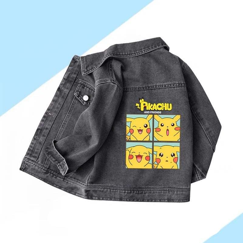 Anime Cartoon Pokemon Pikachu Printed Children's Fashion Denim Jacket Cute Autumn Long Sleeved Coat Top Children's Clothing Gift