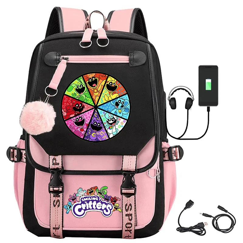 Kawaii Cartoon Smiling Critters Catnap USB Charge School Bag