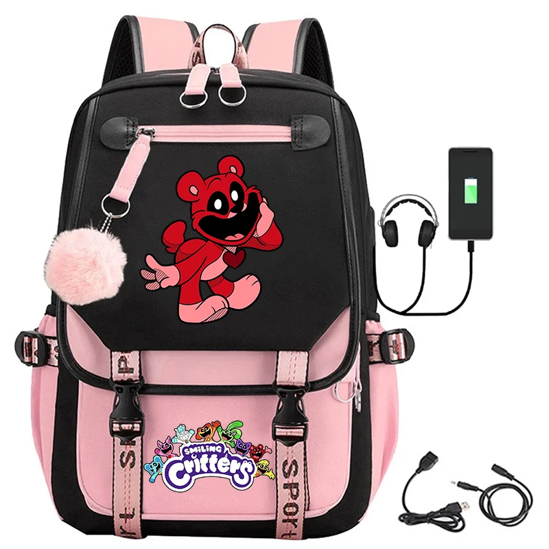Kawaii Cartoon Smiling Critters Catnap USB Charge School Bag