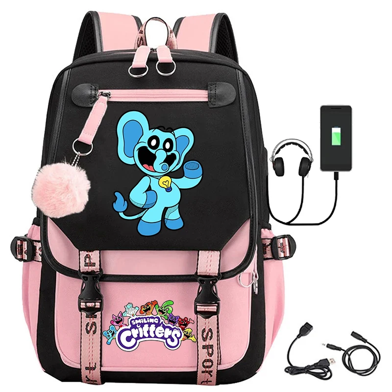Kawaii Cartoon Smiling Critters Catnap USB Charge School Bag