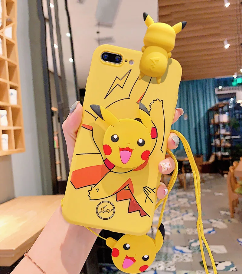 Kawaii Cartoon Pokemon Pikachu Phone Case With Holder Rope For iPhone Kawaii Cartoon Pokemon Pikachu Phone Case With Holder Rope For iPhone