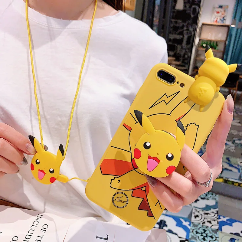 Kawaii Cartoon Pokemon Pikachu Phone Case With Holder Rope For iPhone Kawaii Cartoon Pokemon Pikachu Phone Case With Holder Rope For iPhone