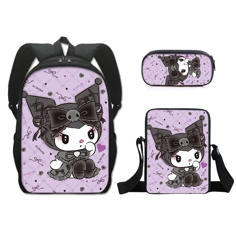 Sanrio Kawaii Cartoon Kuromi Backpack With Lunch Bag And Pencil Case