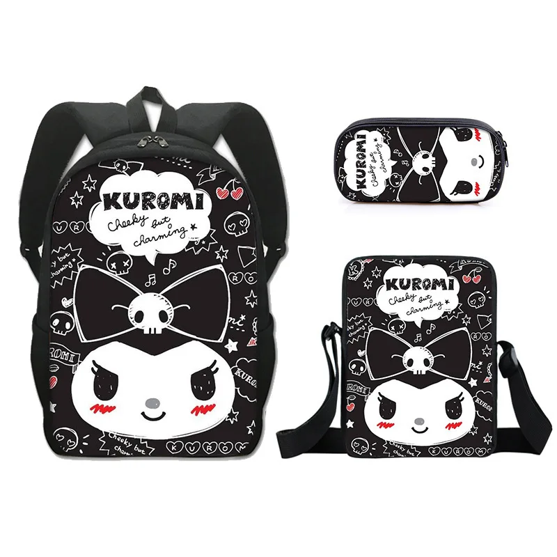 Sanrio Kawaii Cartoon Kuromi Backpack With Lunch Bag And Pencil Case
