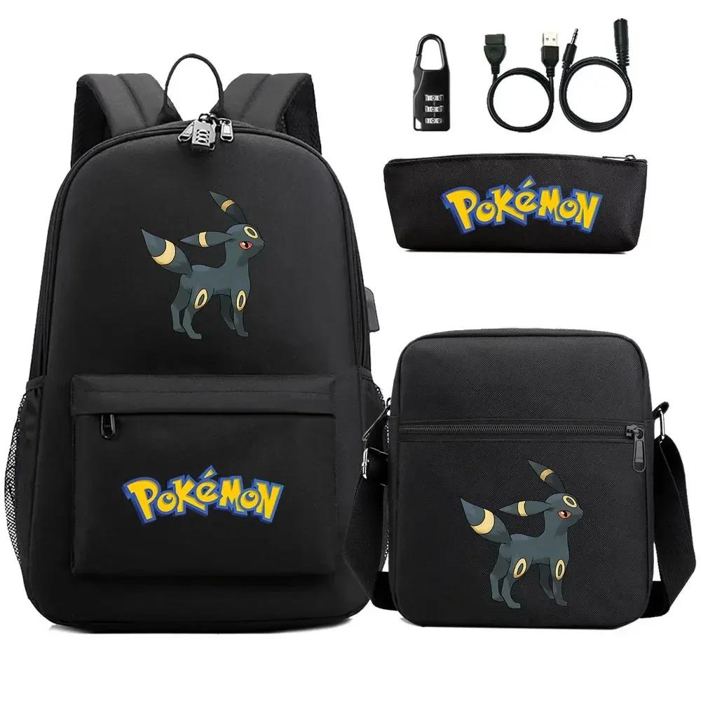 3Pcs Kawaii Pokemon Umbreon Backpack With USB Port Anti-Theft Lock