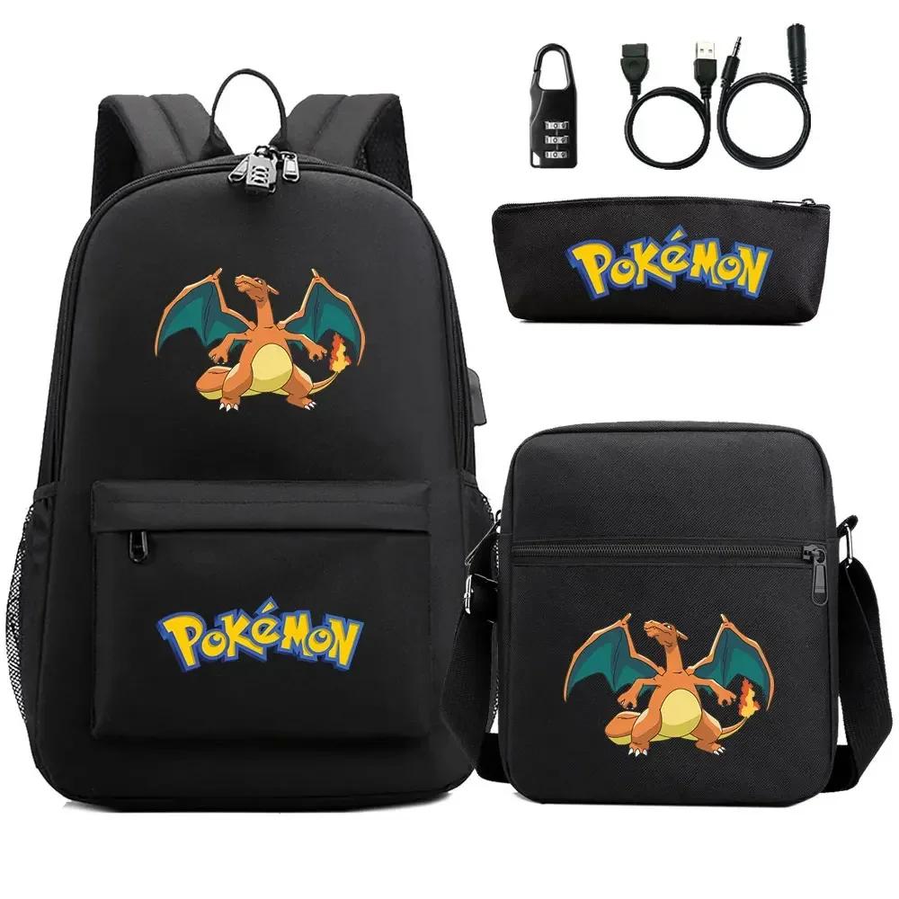 3Pcs Kawaii Pokemon Charizard Backpack With USB Port Anti-Theft Lock