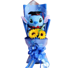 Kawaii Stitch Graduation Hat Plush Toy With Sunflower Bouquet Kawaii Stitch Graduation Hat Plush Toy With Sunflower Bouquet