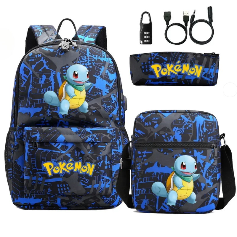 3Pcs Kawaii Pokemon Squirtle Backpack With USB Port Anti-Theft Lock