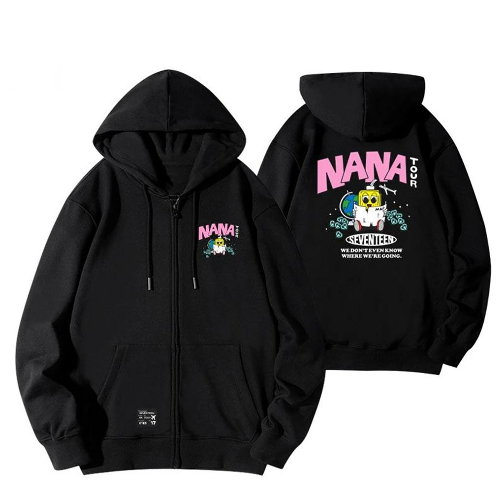 Kawaii K-pop Letter Nana Tour Printed Zipper Black Hoodie