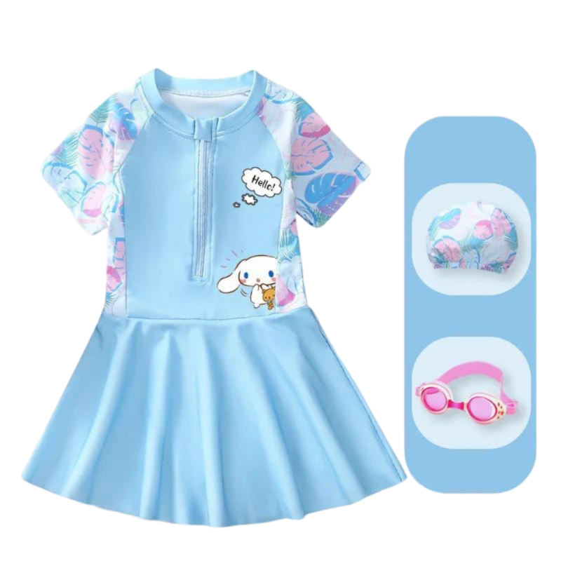 Kawaii Sanrio Cinnamoroll Printed Swimsuit With Cap And Goggles