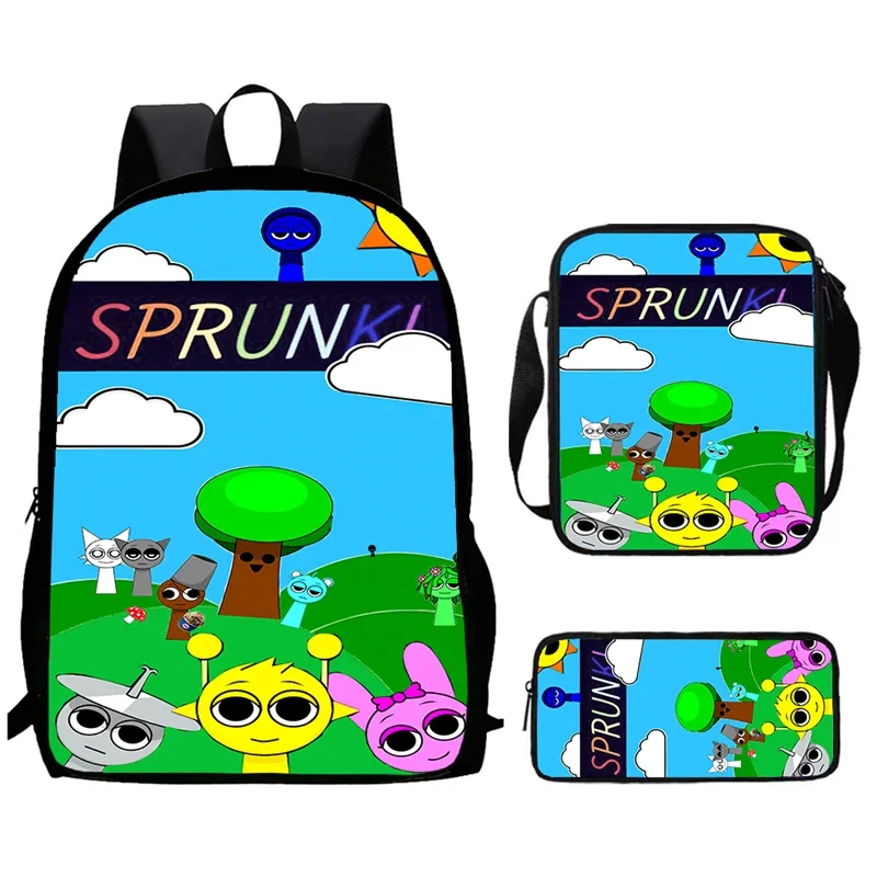 3Pcs/set Kawaii Cartoon Sprunki Character Printed School Bag