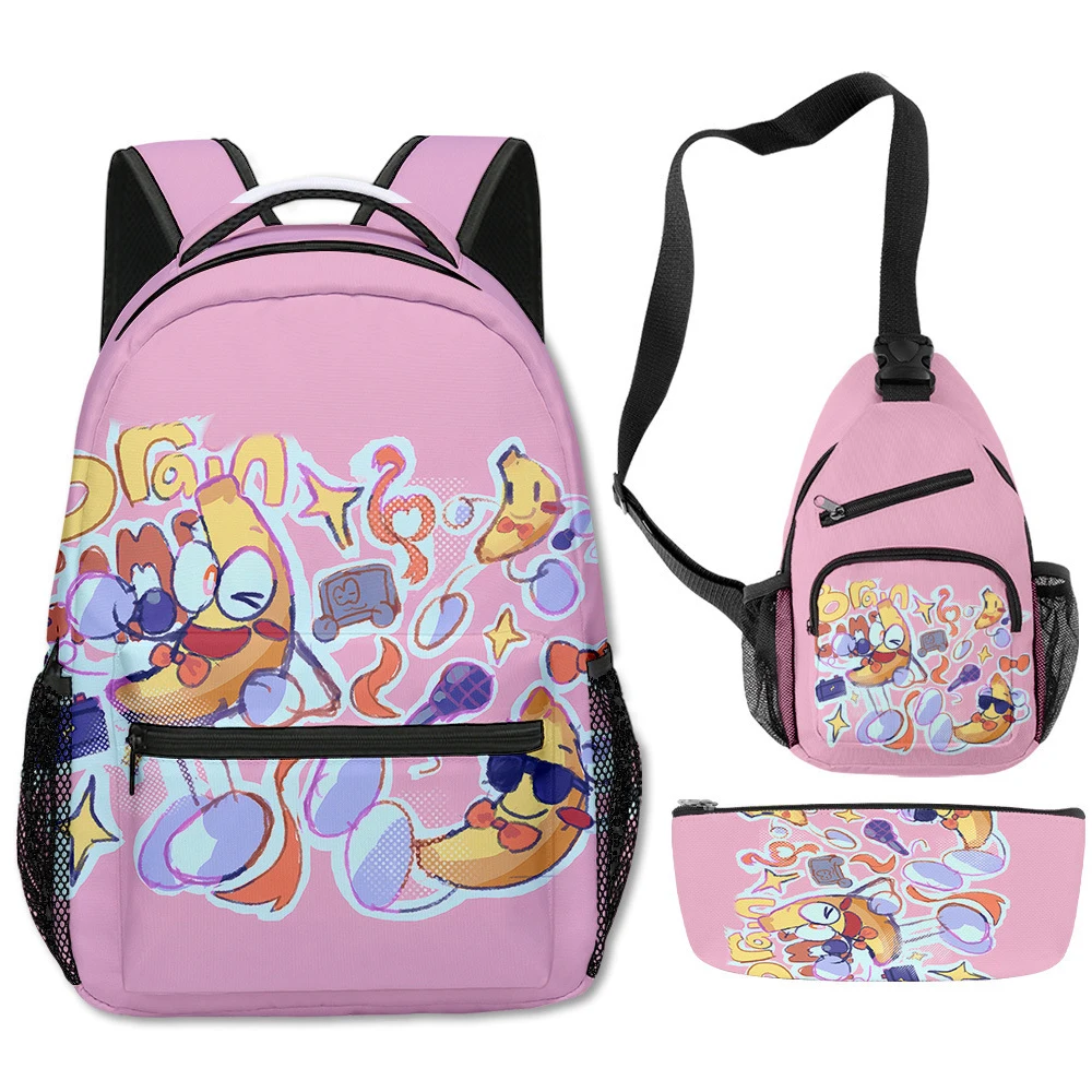 3Pcs/Set Cartoon Kawaii Shovelware Brain Game The Dancing Banana Pink Backpack 