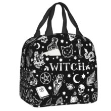 Kawaii Skull Cat Moon Gothic Witch Pattern Black Insulated Lunch Bag Kawaii Skull Cat Moon Gothic Witch Pattern Black Insulated Lunch Bag