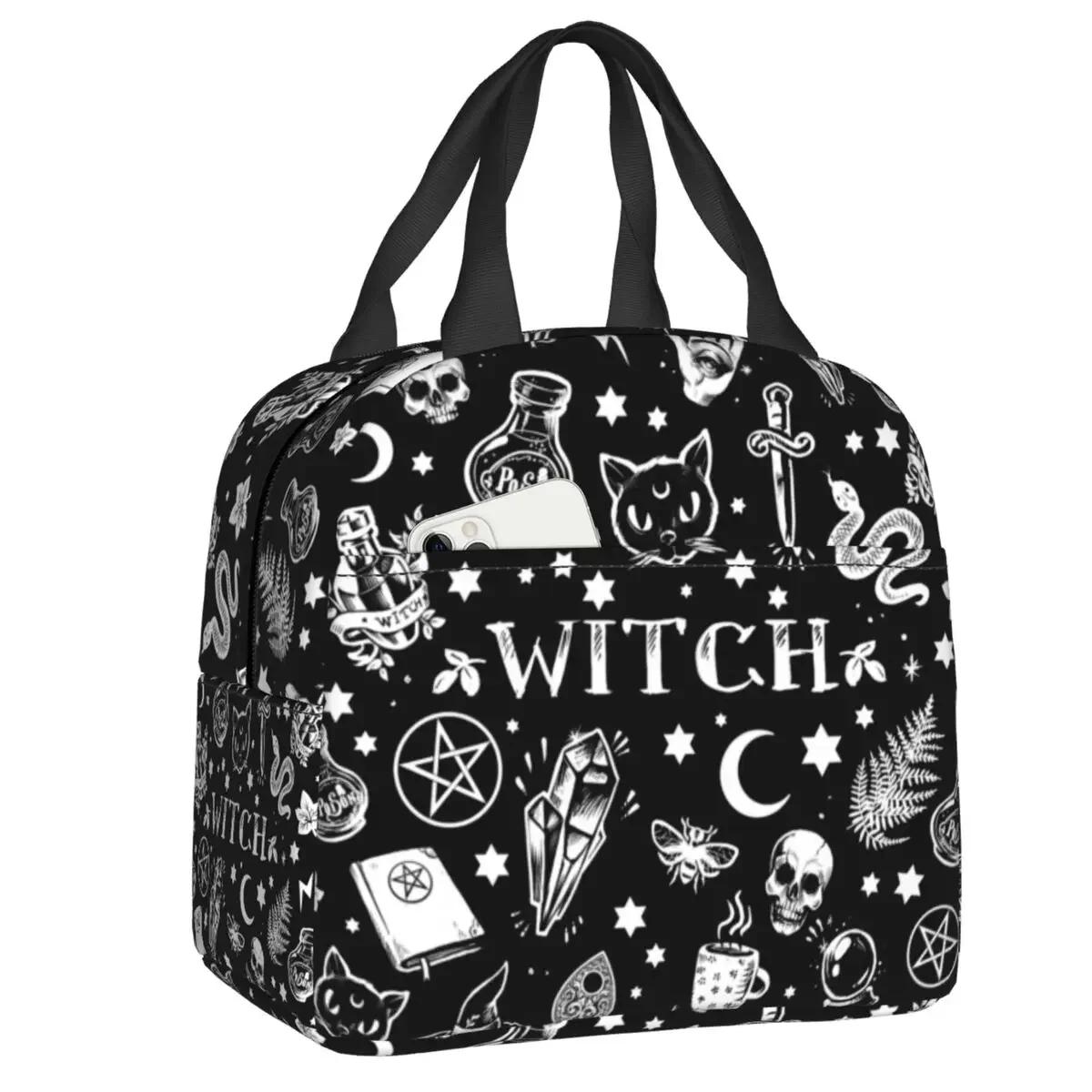 Kawaii Skull Cat Moon Gothic Witch Pattern Black Insulated Lunch Bag