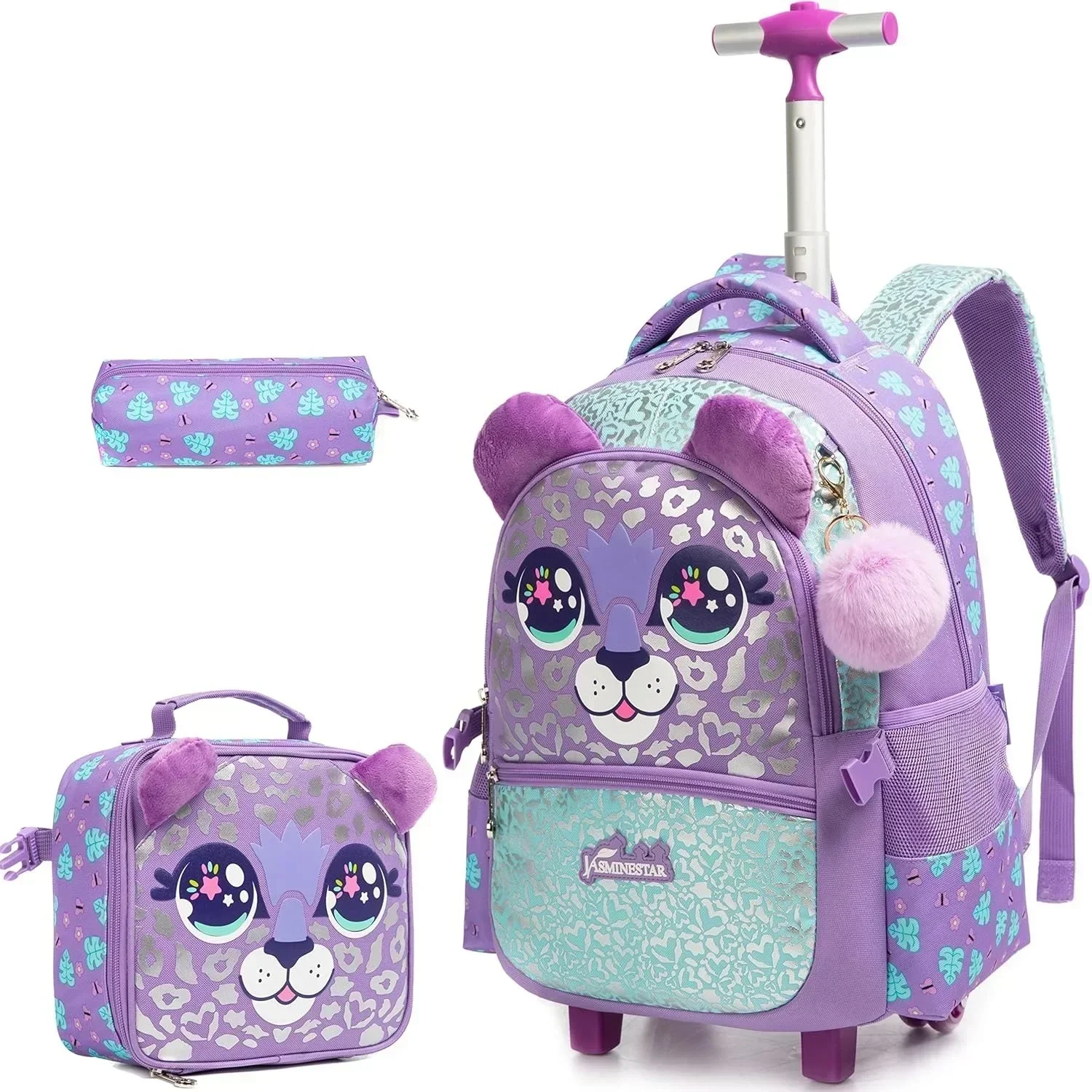 3Pcs Purple Leopard Rolling Kawaii Backpack 