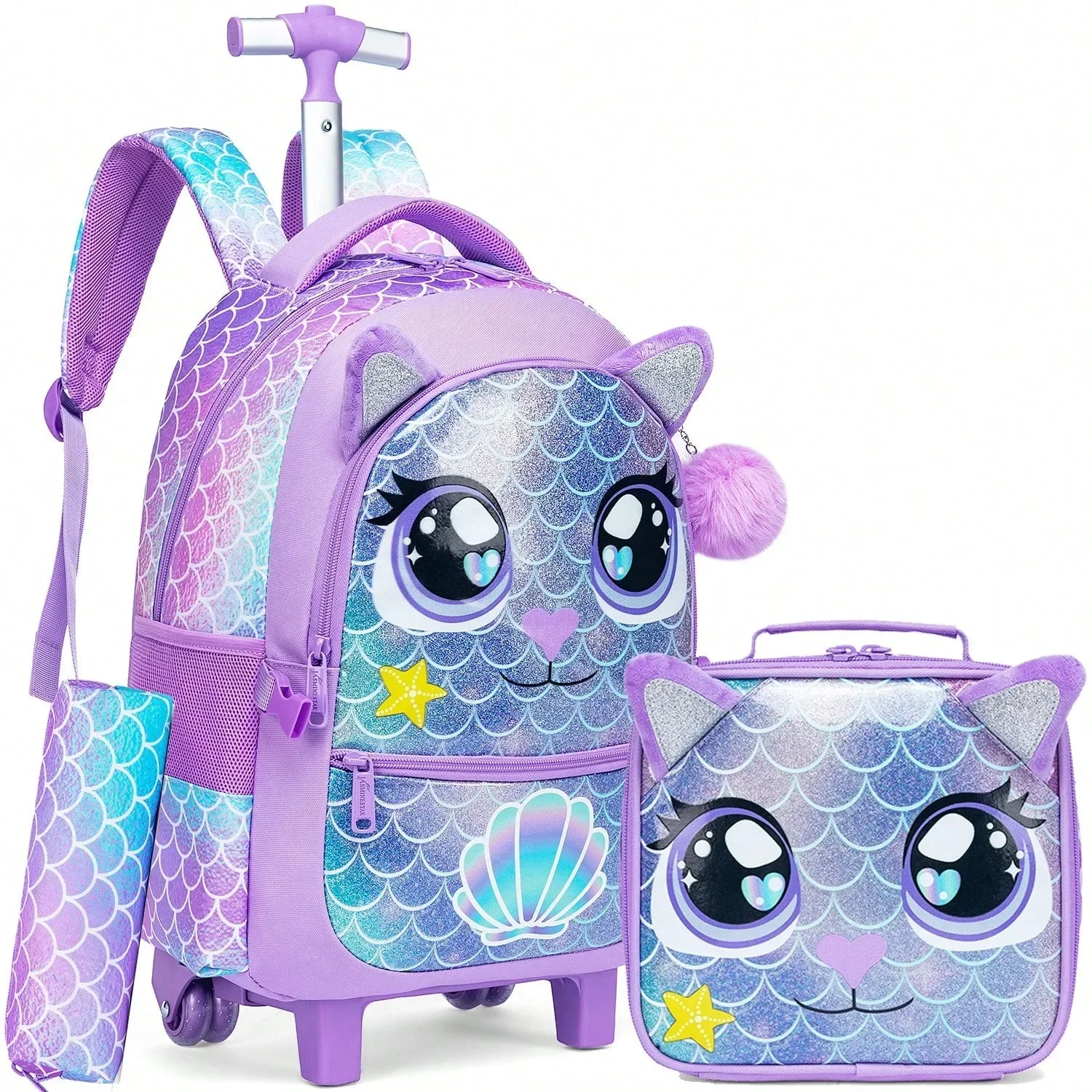3Pcs Mermaid Printed Rolling Kawaii Backpack 