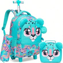 3PCS Rolling Backpack for Girls Backpacks with Wheels for Elementary Students 3 in 1 Carry on Luggage Bag Kids Travel Suitcase 3Pcs Leopard Printed Rolling Kawaii Backpack
