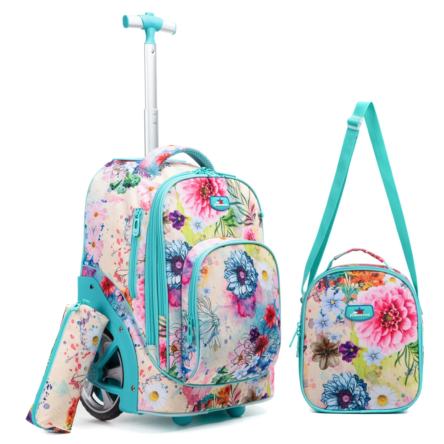 3Pcs Kawaii Flowers Printed Rolling Backpack 