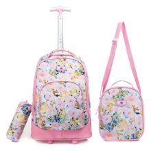 3Pcs Flowers Printed Kawaii Rolling Backpack 3Pcs Flowers Printed Kawaii Rolling Backpack